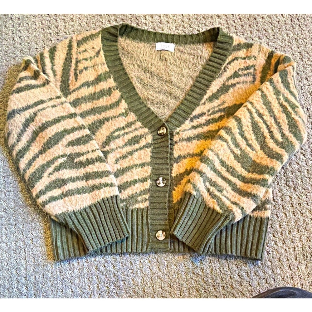 SAGE THE LABEL Women’s Knit V-Neck Button Front Zebra Cardigan Sweater Size M